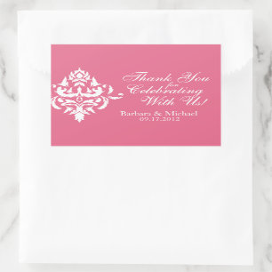 Pink with White Damask Rectangle Wedding Stickers