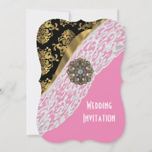 Pink with white lace gold damask wedding invitation