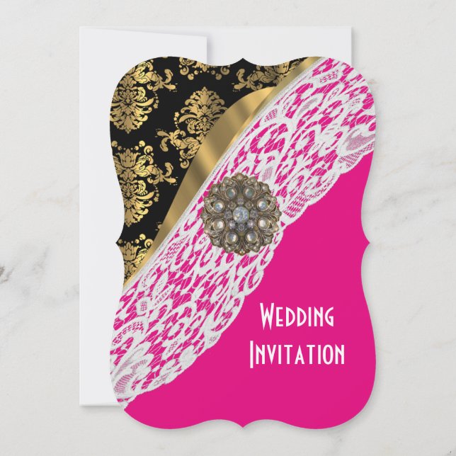 Pink with white lace gold damask wedding invitation (Back)