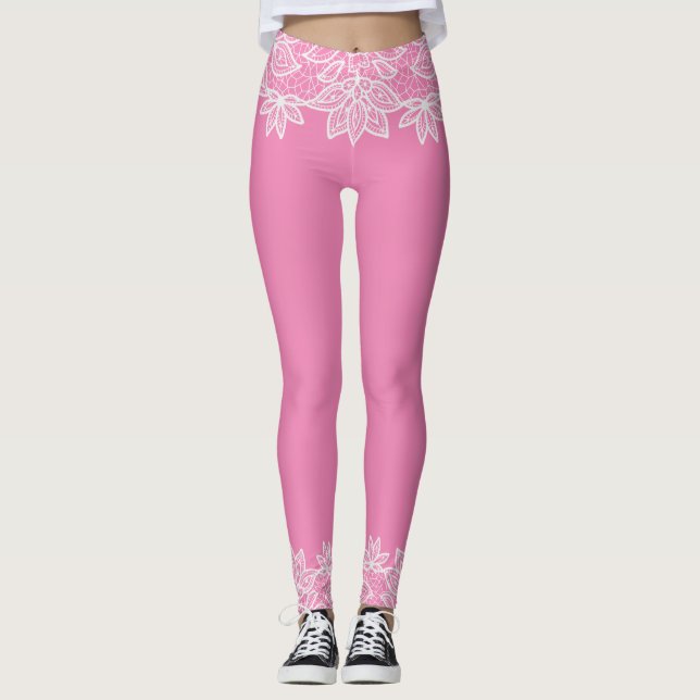 Pink with White Lace Look Spandex Leggings (Front)