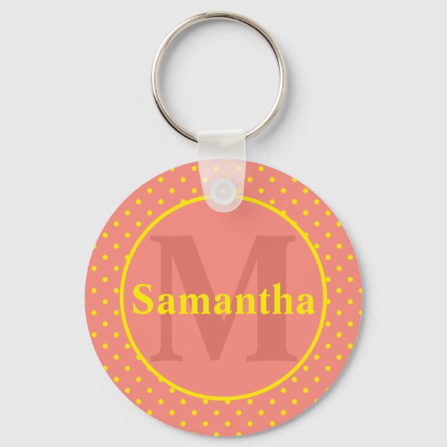 Pink With Yellow Polka Dots Monogram Personalised Key Ring (Front)