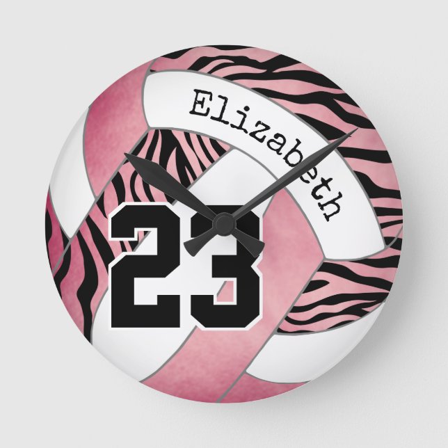 pink with zebra pattern personalised volleyball round clock (Front)