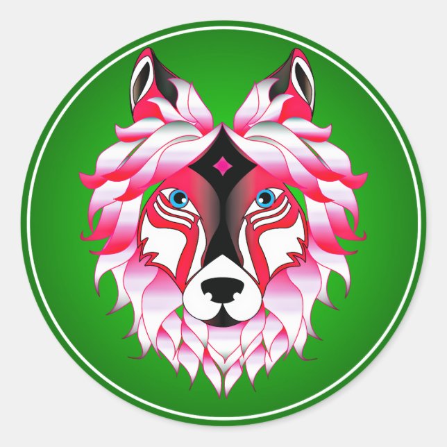 Pink Wolf Head Artwork Classic Round Sticker (Front)