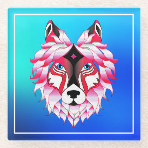 Pink Wolf Head Polygon Design-24531 Glass Coaster