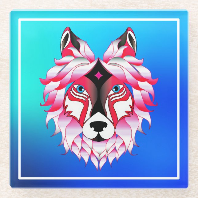 Pink Wolf Head Polygon Design-24531 Glass Coaster (Front)