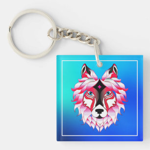 Pink Wolf Head Polygon Design-24531 Key Ring