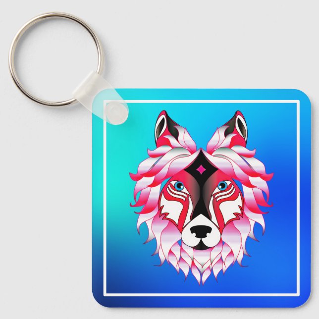 Pink Wolf Head Polygon Design-24531 Key Ring (Front)
