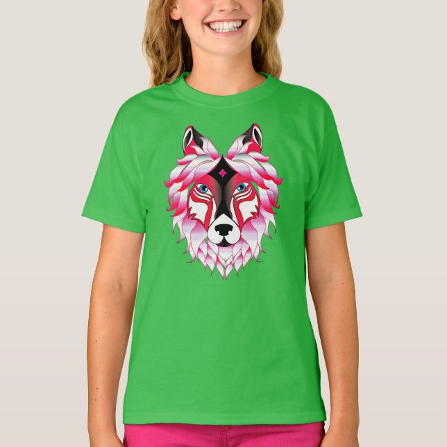 Pink Wolf Head Polygon Design-24531 T-Shirt (Front)