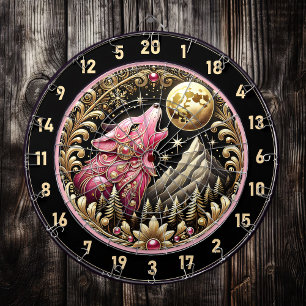 Pink Wolf Howls Strength Under Golden Moon Dartboard