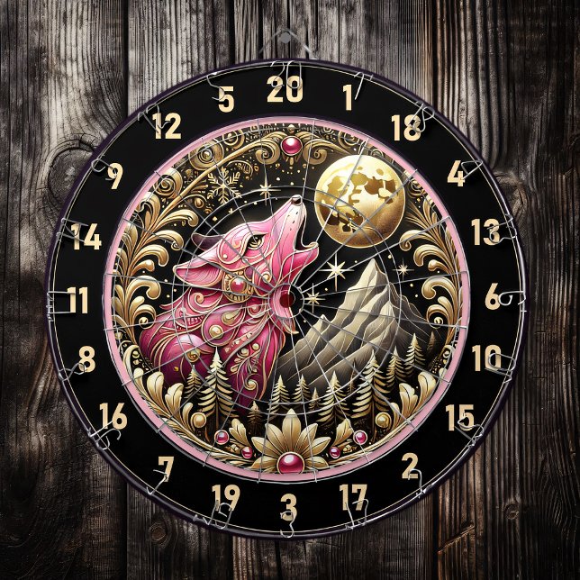 Pink Wolf Howls Strength Under Golden Moon Dartboard (Creator Uploaded)