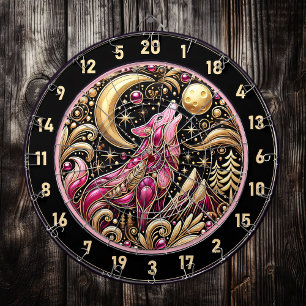 Pink Wolf Howls Under Golden Moon Dartboard