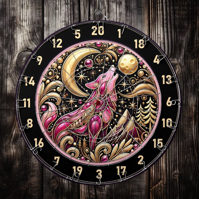 Pink Wolf Howls Under Golden Moon Dartboard (Creator Uploaded)