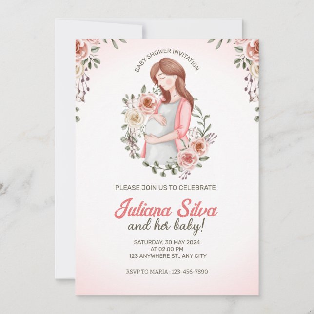 Pink Woman Pregnant Floral Baby Shower  Invitation (Front)