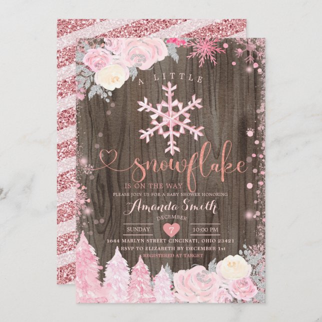 Pink Wood A Little Snowflake Floral Baby Shower  Invitation (Front/Back)