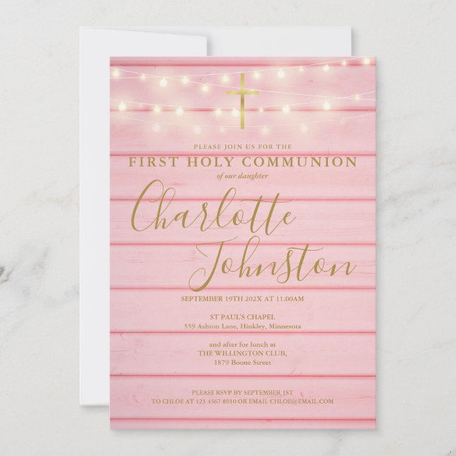 Pink Wood String Lights First Holy Communion Invitation (Front)