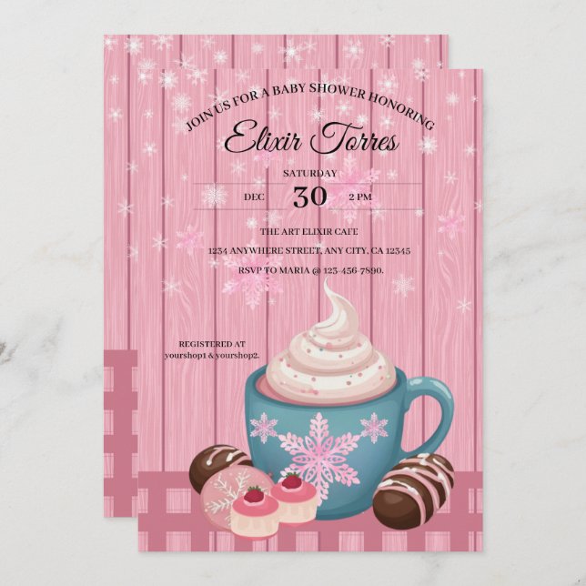 Pink Wooden Hot Cocoa Whipped Cream Baby Shower Invitation (Front/Back)