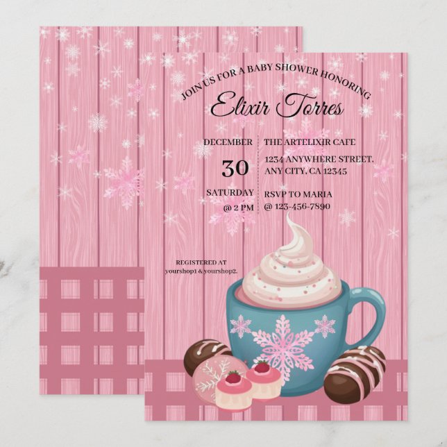 Pink Wooden Hot Cocoa Whipped Cream Baby Shower Invitation (Front/Back)