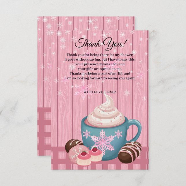 Pink Wooden Hot Cocoa Whipped Cream Baby Shower Thank You Card (Front/Back)