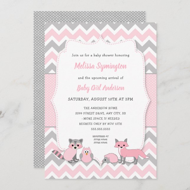Pink woodland animal baby shower invitation (Front/Back)