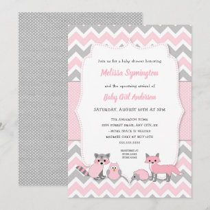 Pink woodland animal baby shower invitation