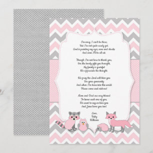Pink woodland animal baby shower thank you card