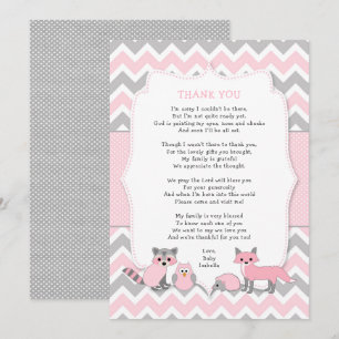 Pink woodland animal baby shower thank you note invitation