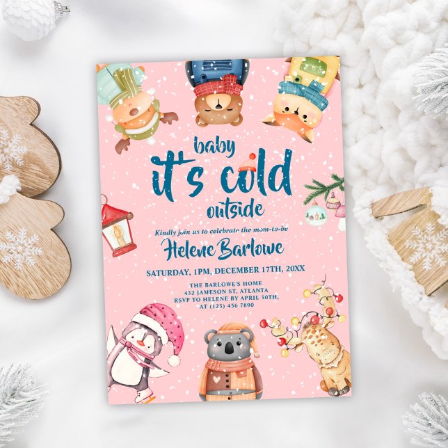 Pink Woodland Animals Baby Girl Winter Baby Shower Invitation (Pink Woodland Animals Baby Girl Winter Baby Shower Invitation)