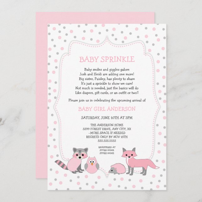 Pink woodland animals baby sprinkle invitation (Front/Back)