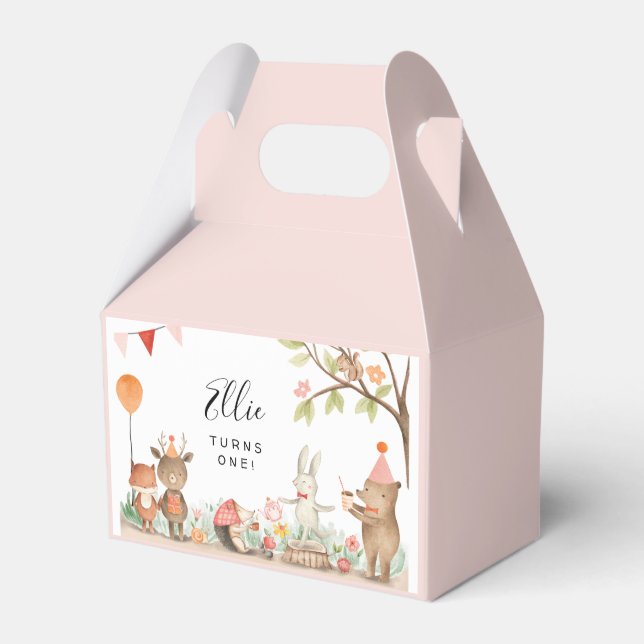 Pink Woodland Animals Birthday Favor Box (Front Side)