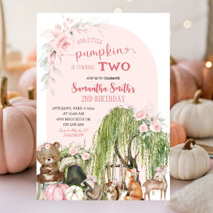 Pink Woodland Animals Little Pumpkin Birthday Invitation