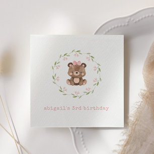 Pink Woodland Bear Floral Eucalyptus Birthday Napkin