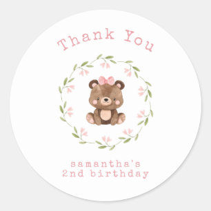 Pink Woodland Bear Girl Birthday Thank You Classic Round Sticker