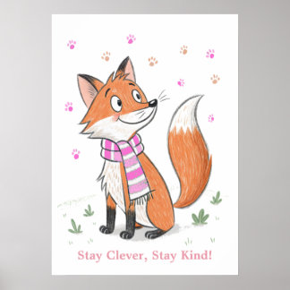 Pink  Woodland  Cheeky Fox Playful Doodle Animal  Poster
