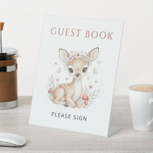 Pink Woodland Deer Girl Baby Shower Guest Book Pedestal Sign