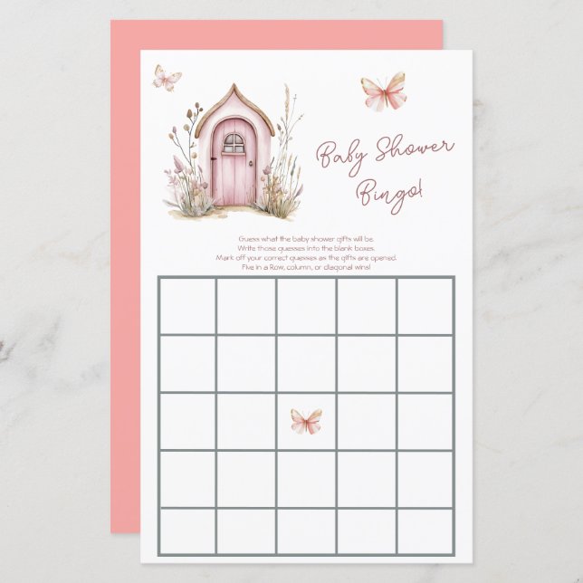 Pink Woodland Fairies Baby Shower Bingo (Front/Back)