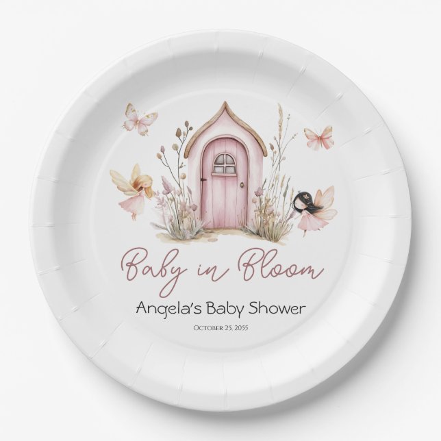 Pink Woodland Fairies Baby Shower Paper Plate (Front)