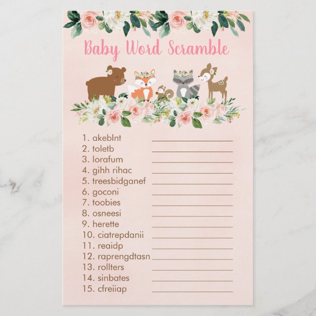 Pink Woodland Floral Baby Word Scramble Game (Front)