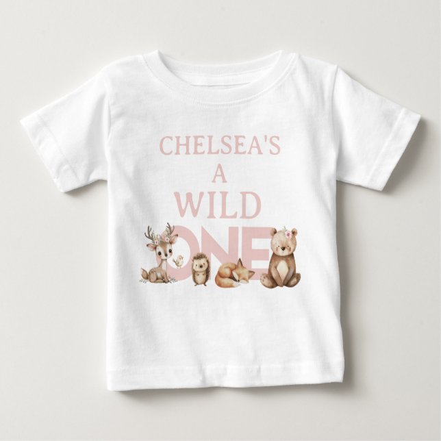 Pink Woodland Wild One 1st Birthday Baby T-Shirt (Front)