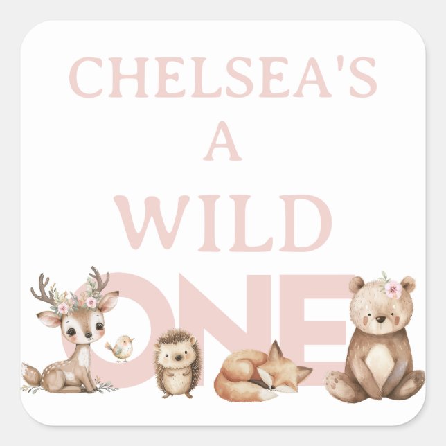 Pink Woodland Wild One 1st Birthday Square Sticker (Front)