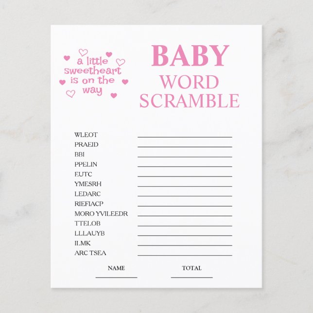 Pink Word Scramble Baby Shower Game (Front)