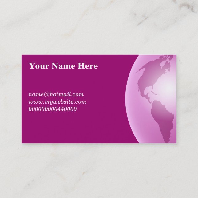 Pink World Globe, Your Name Here, name@hotmail.... Business Card (Front)