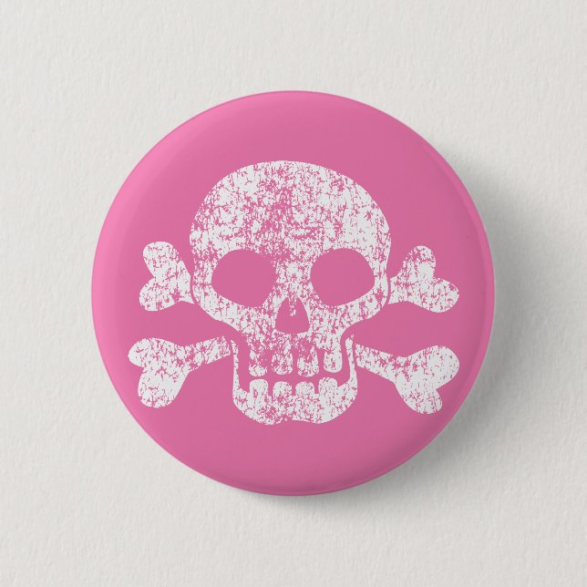 Pink Worn Skull and Crossbones Button (Front)