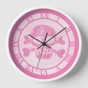 Pink Worn Skull And Crossbones Round Clock