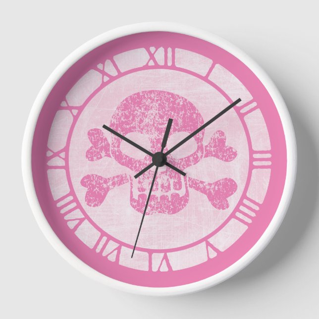 Pink Worn Skull And Crossbones Round Clock (Front)