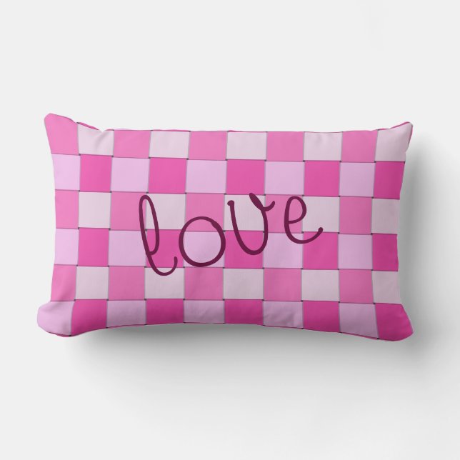Pink Woven Chequered Pattern with Love Lumbar Cushion (Front)