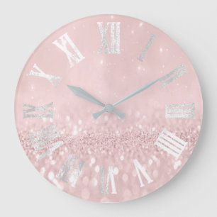 Pink Wow Grey Silver Glitter Metal Roman Numers Large Clock