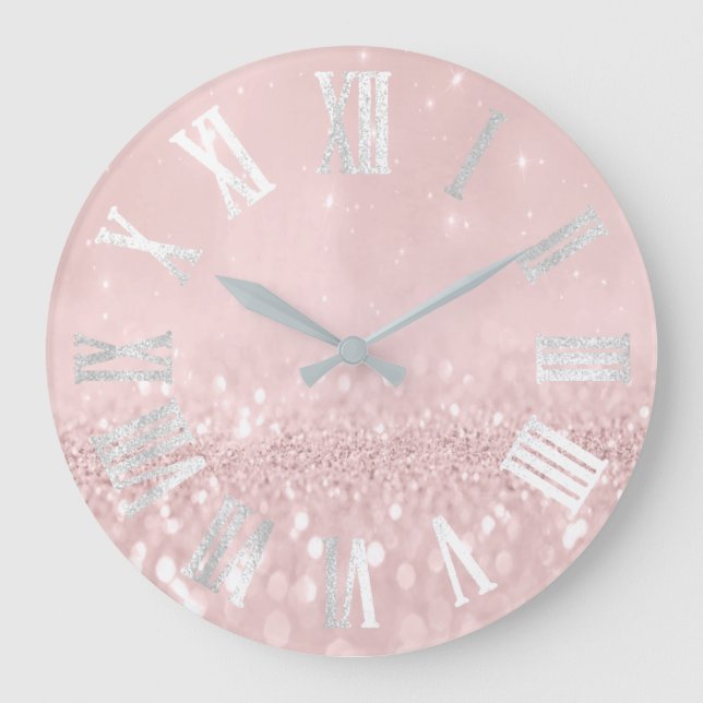 Pink Wow Grey Silver Glitter Metal Roman Numers Large Clock (Front)