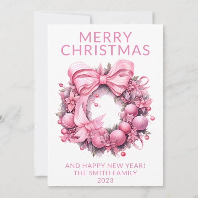 Pink Wreath Christmas Holiday Card (Front)