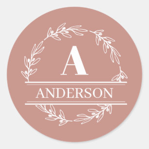 Pink Wreath Family Name Monogram  Classic Round Sticker