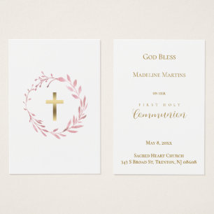 pink wreath First Communion remembrance card